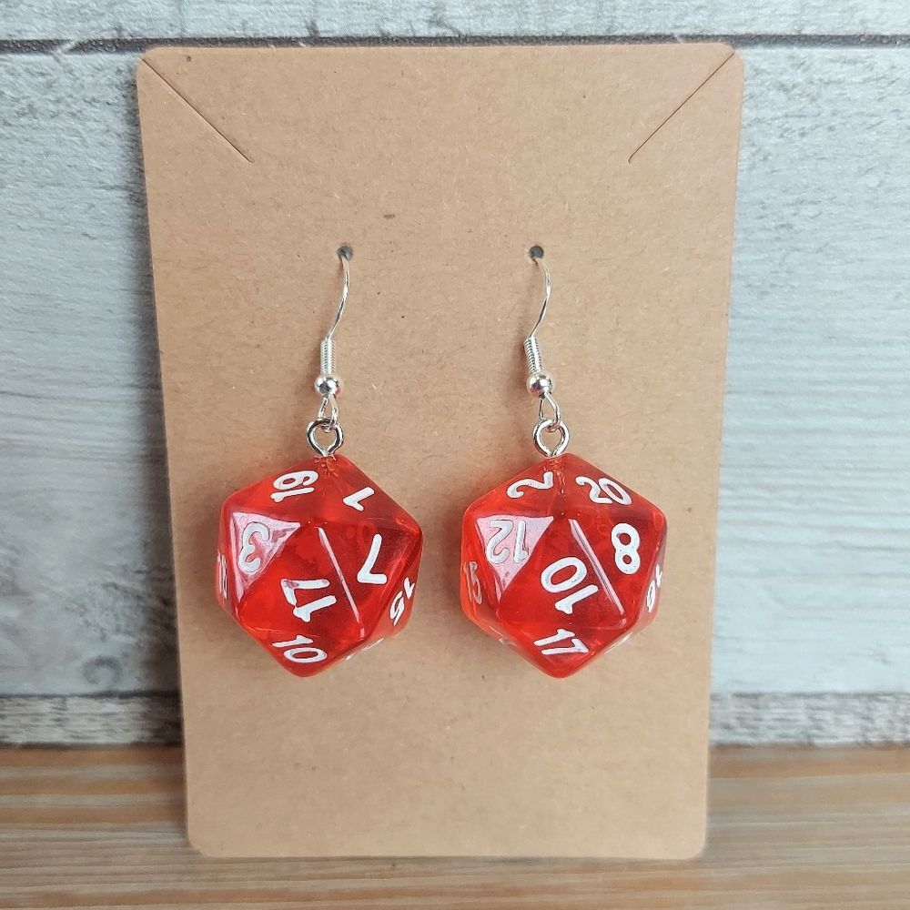 3D Neon Red 20 Sided Dice Earrings Gamer Gift